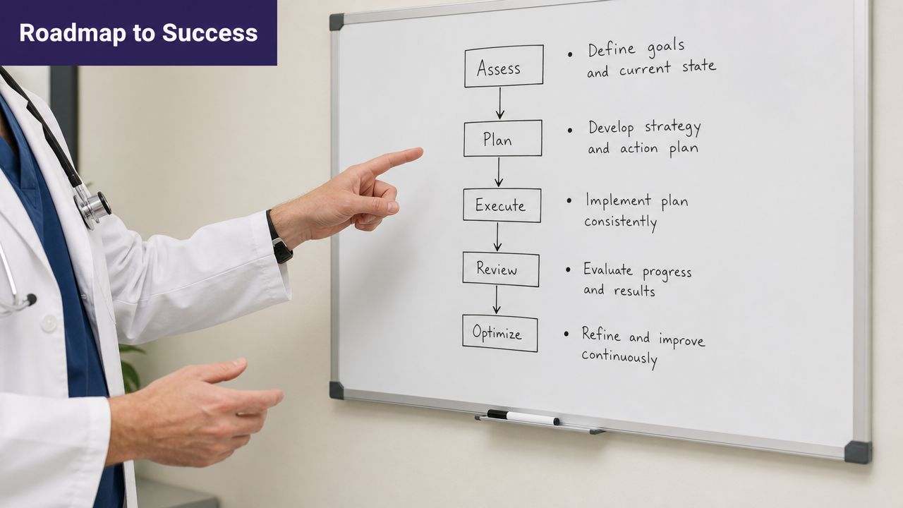 A doctor points to a business roadmap on a whiteboard describing a five-step success process.
