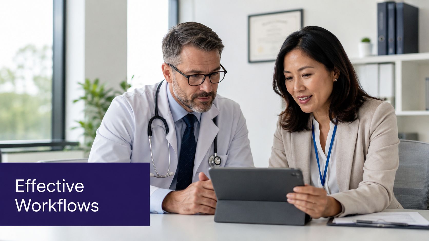 A male doctor and a female administrator review medical information on a tablet in an office.