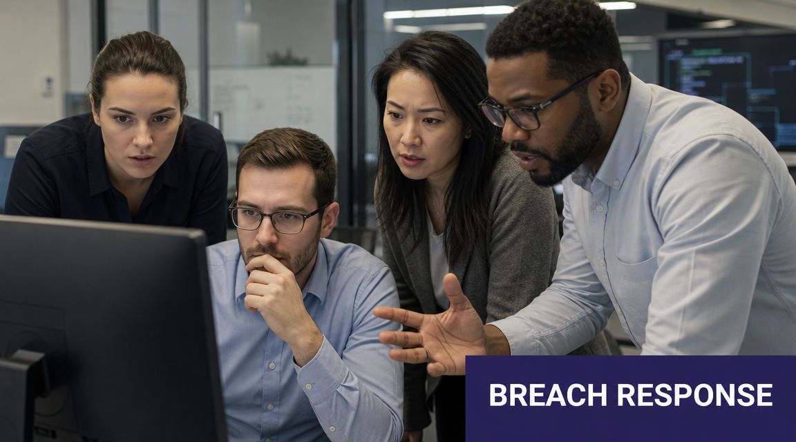 A diverse team of professionals looking at a computer screen during a data breach response session.