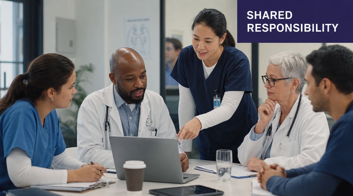 A diverse team of medical professionals reviewing patient data on a laptop during a collaborative meeting.