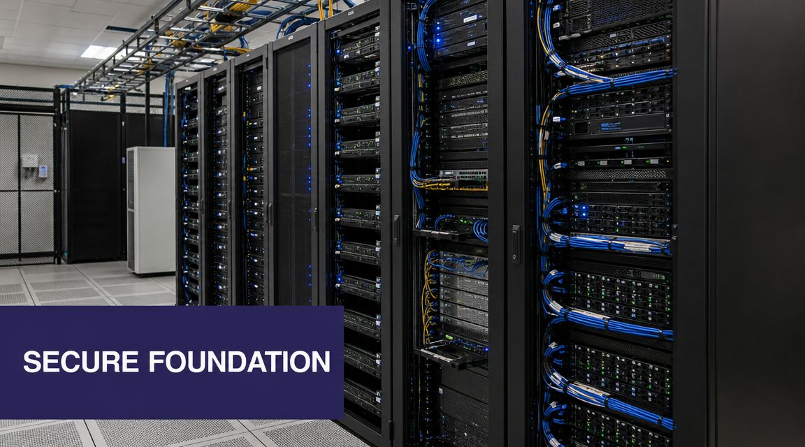 Rows of dark server racks filled with hardware equipment inside a professional, secure data center facility.