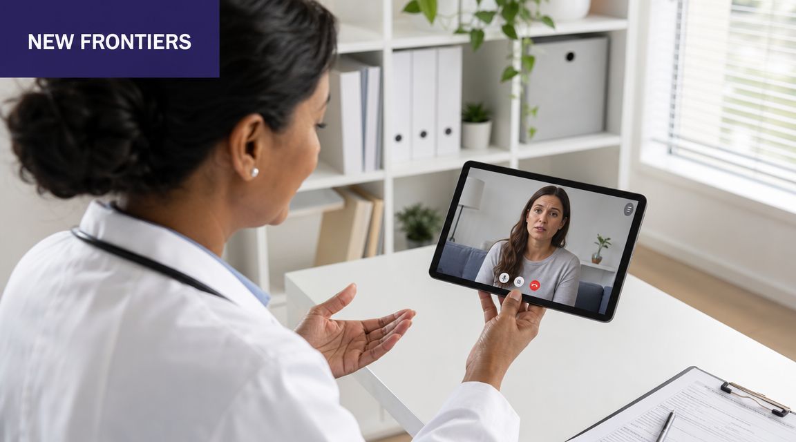 A female doctor using a tablet to conduct a secure video telemedicine consultation with her patient.