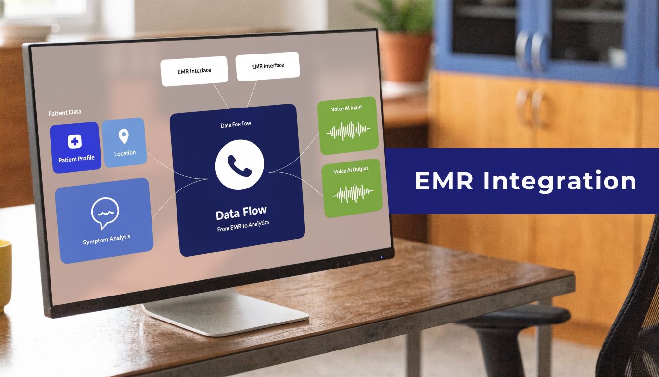 A digital screen display showing a data flow diagram for patient information and EMR system integration.