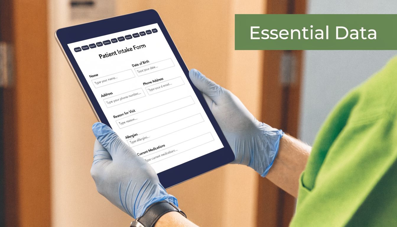 A healthcare professional in blue gloves holding a tablet displaying a digital patient intake form.