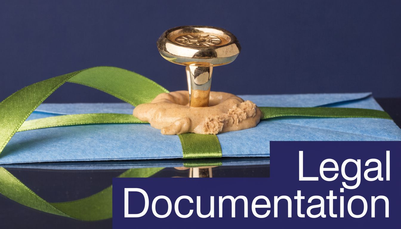 A gold ring with a wax seal resting on a blue envelope wrapped in green ribbon.