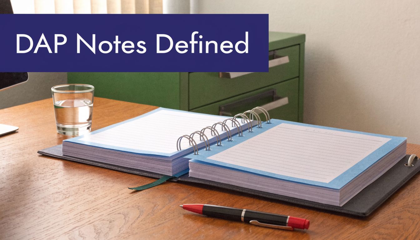 An open notebook and a pen sitting on a wooden desk near a glass of water.