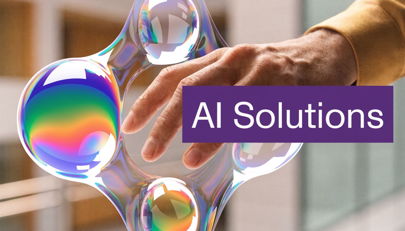 A human hand reaching toward a holographic, interconnected circular bubble structure representing modern AI technology.
