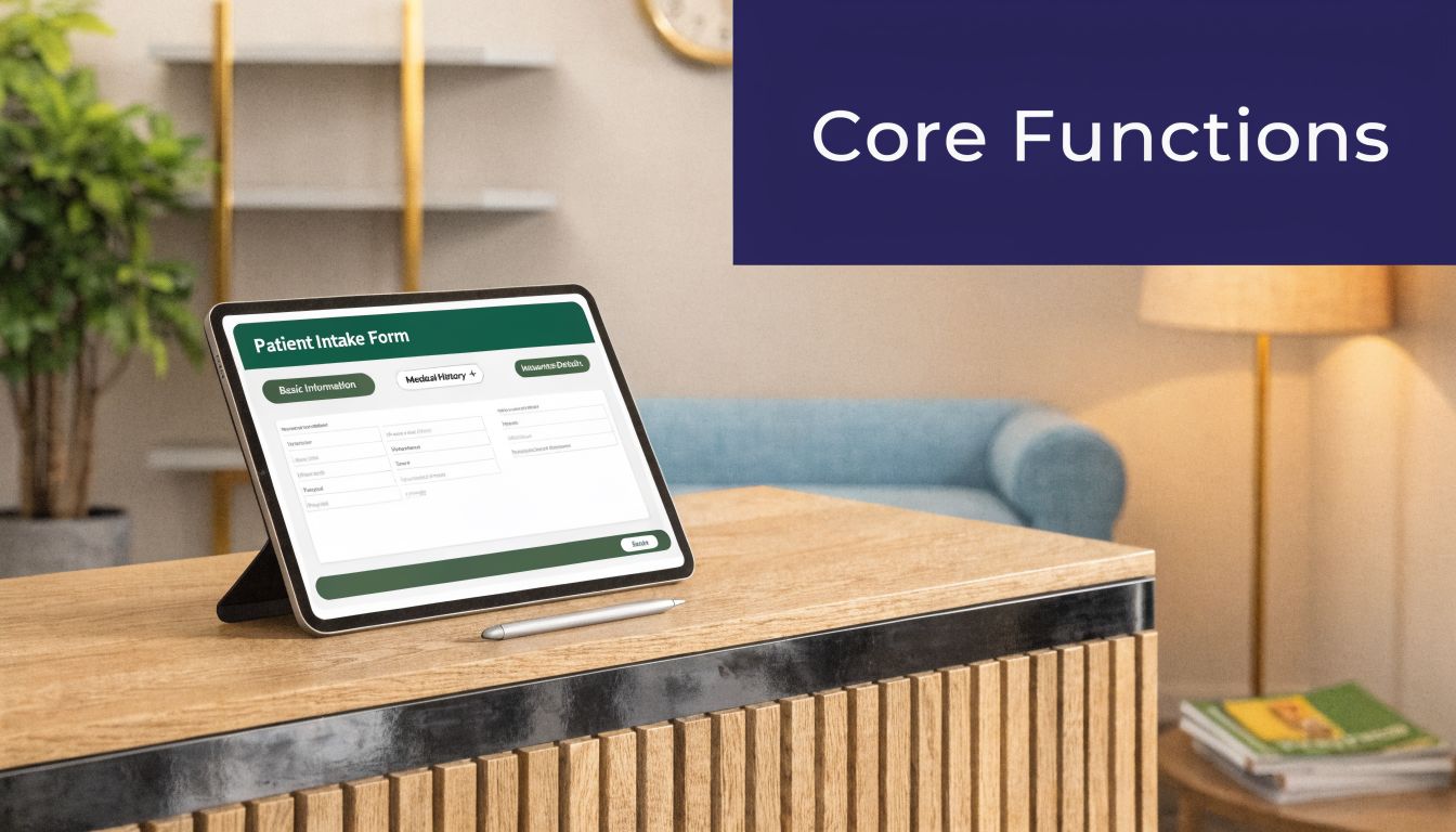 A digital tablet displaying a patient intake form sitting on a wooden reception desk in a clinic.