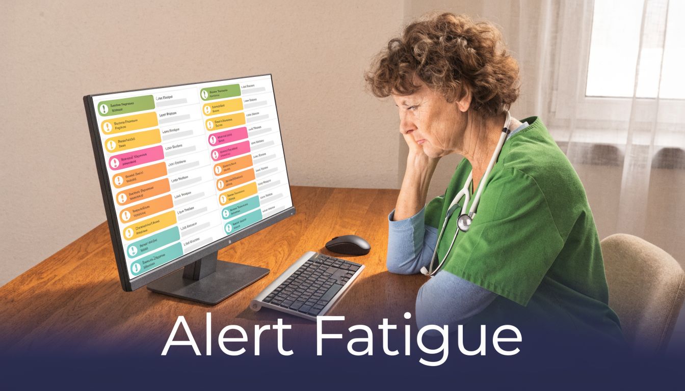 A weary healthcare professional looking at a computer screen overwhelmed by numerous clinical alert notifications.