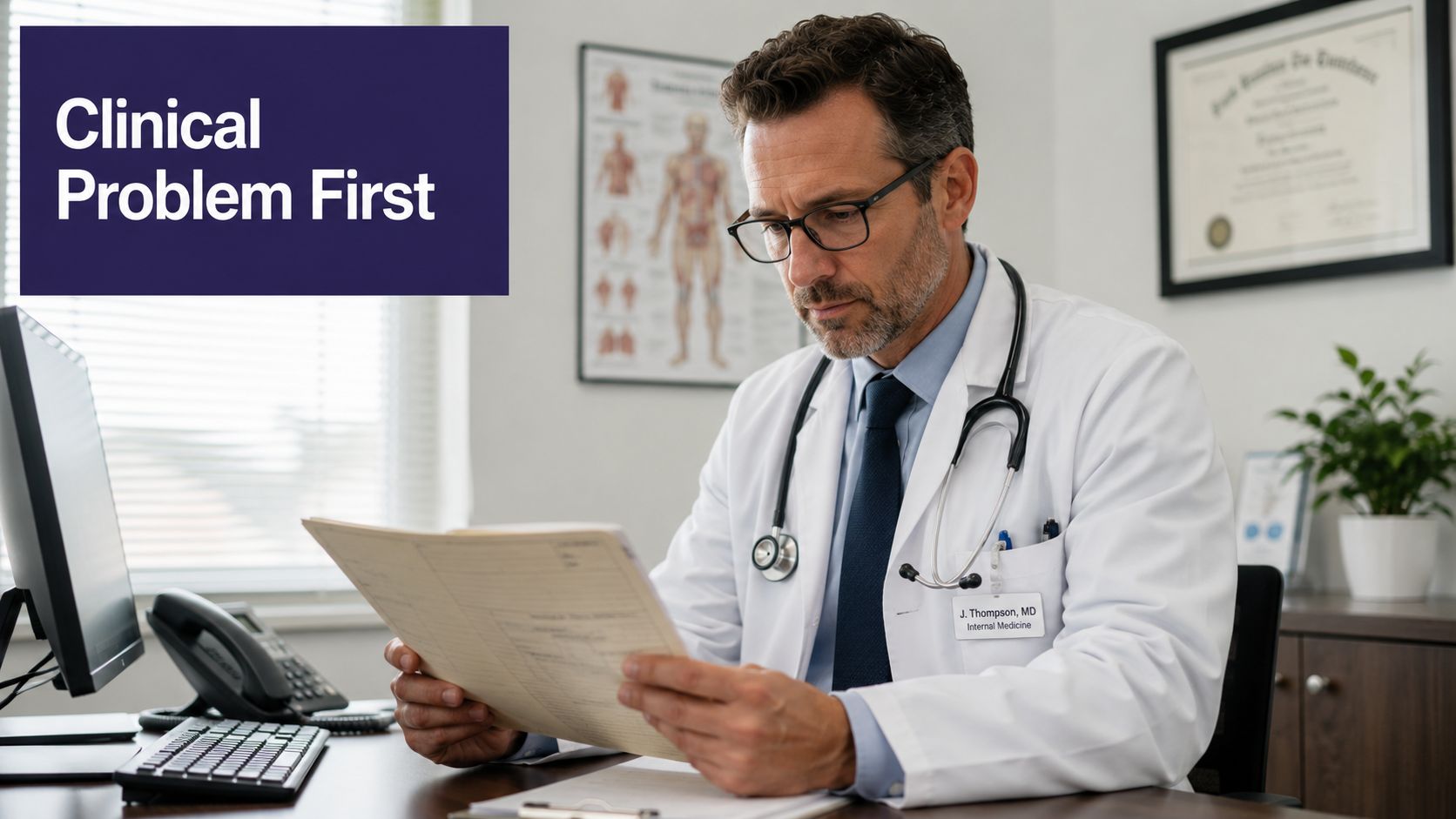 A doctor in a white coat reviewing a medical patient file in an office setting.