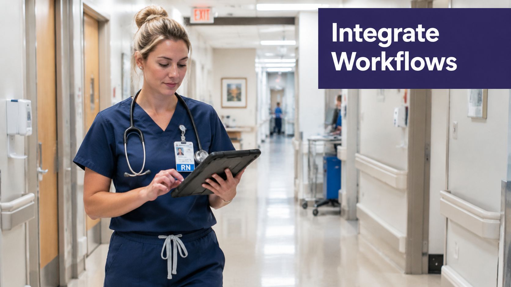 A female registered nurse in scrubs using a tablet while walking through a hospital hallway.