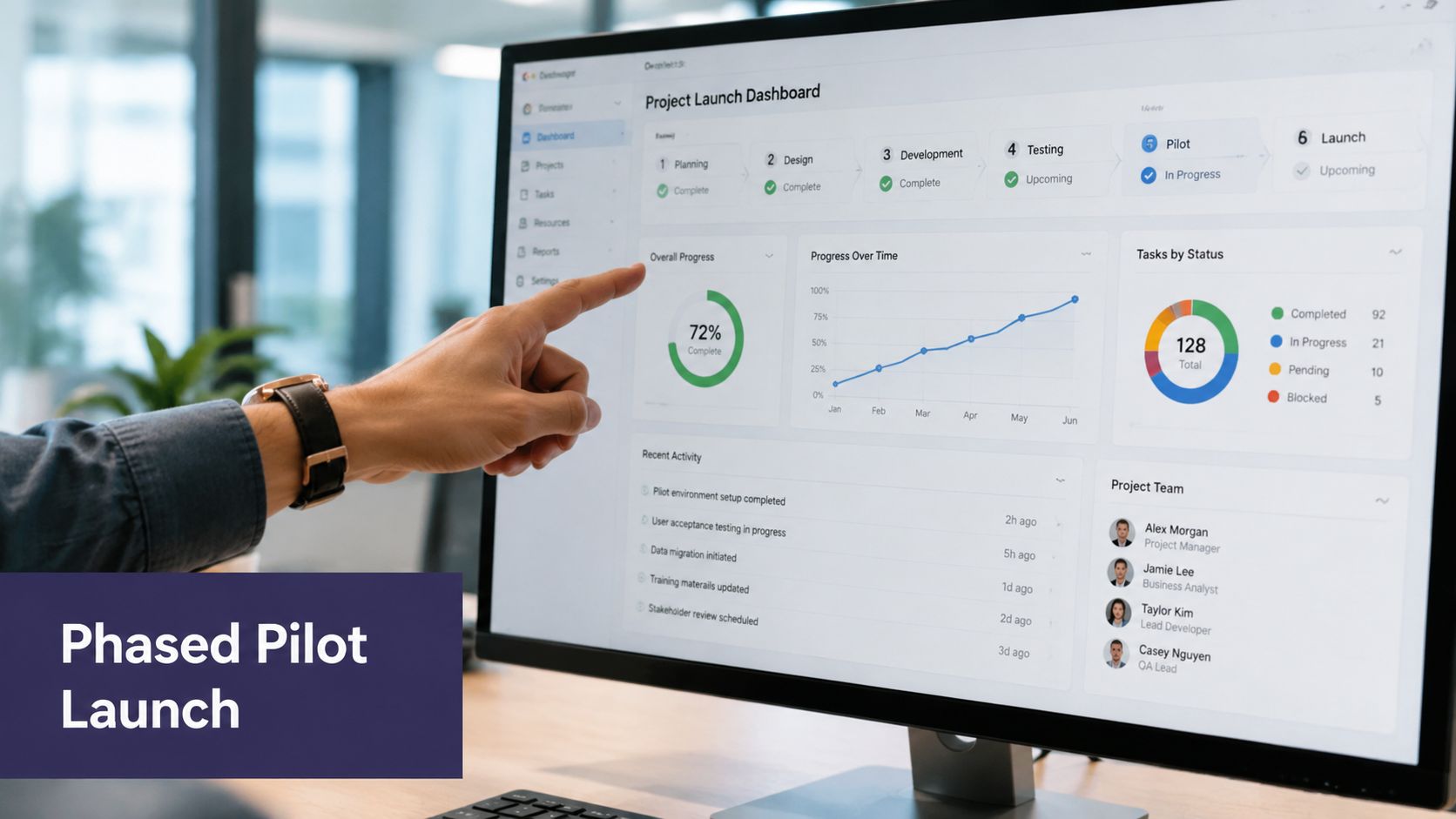 A professional pointing at a computer monitor displaying a project management dashboard for software development.