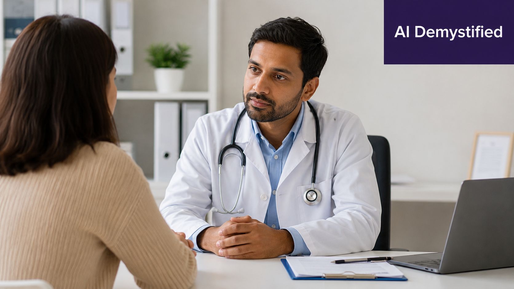 A male doctor in a white coat consulting with a female patient in a professional medical office.