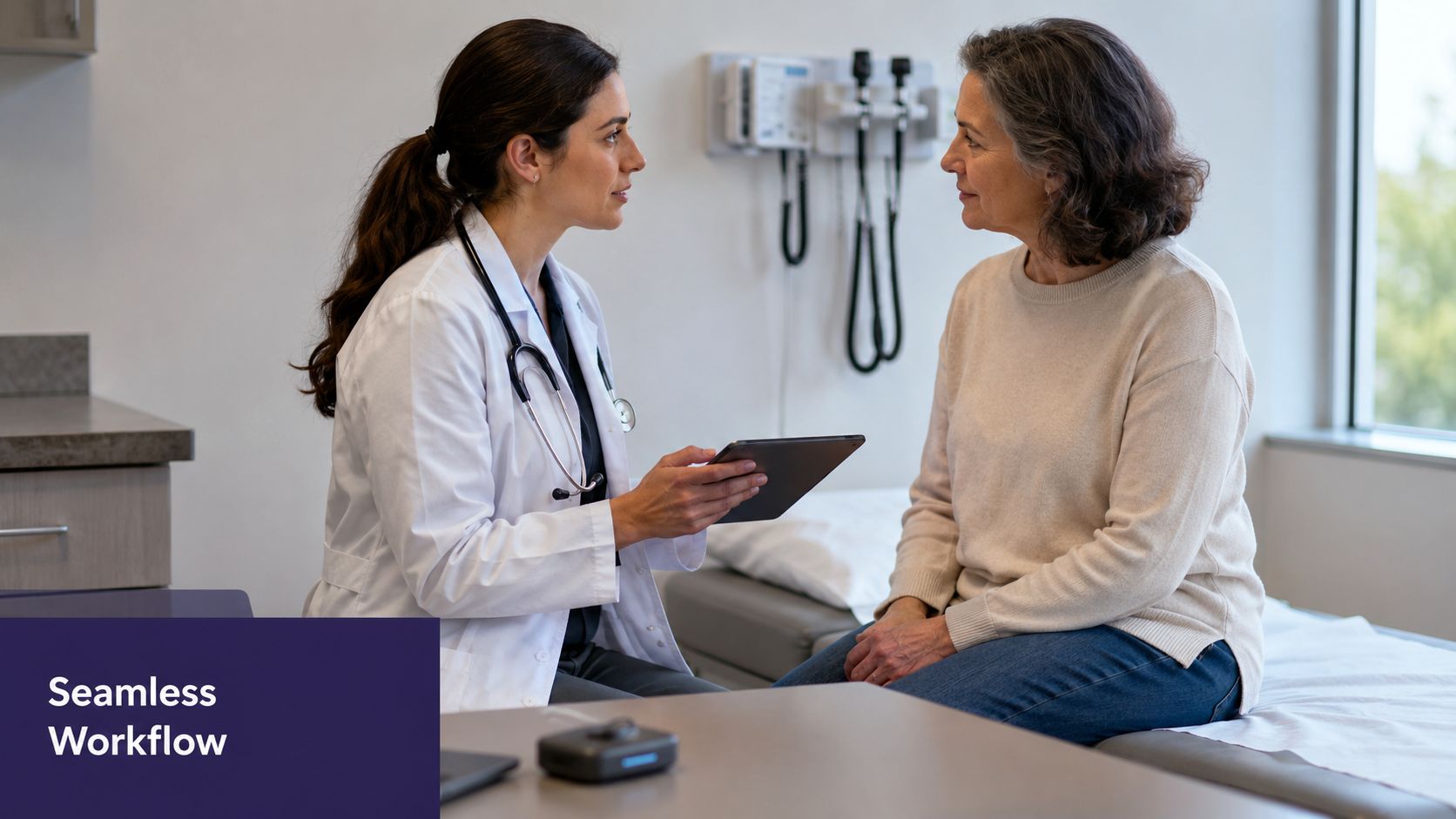 A female doctor in a white coat explains medical records to a patient on a tablet computer.
