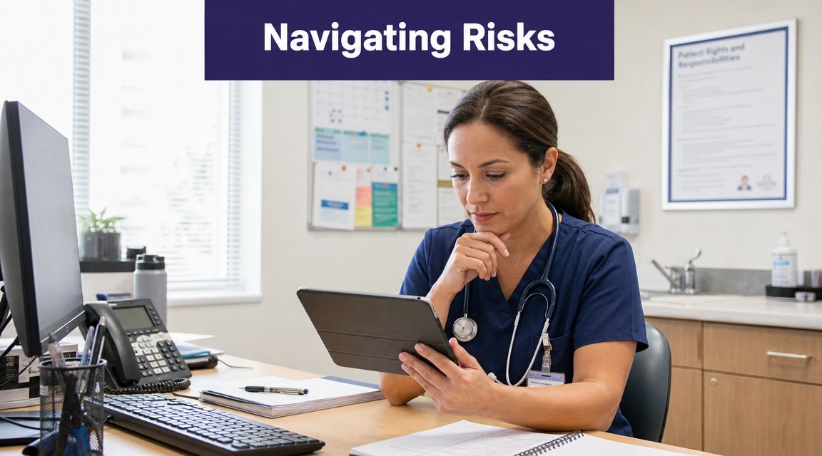 A female healthcare professional in blue scrubs reviewing patient data on a tablet in an office.