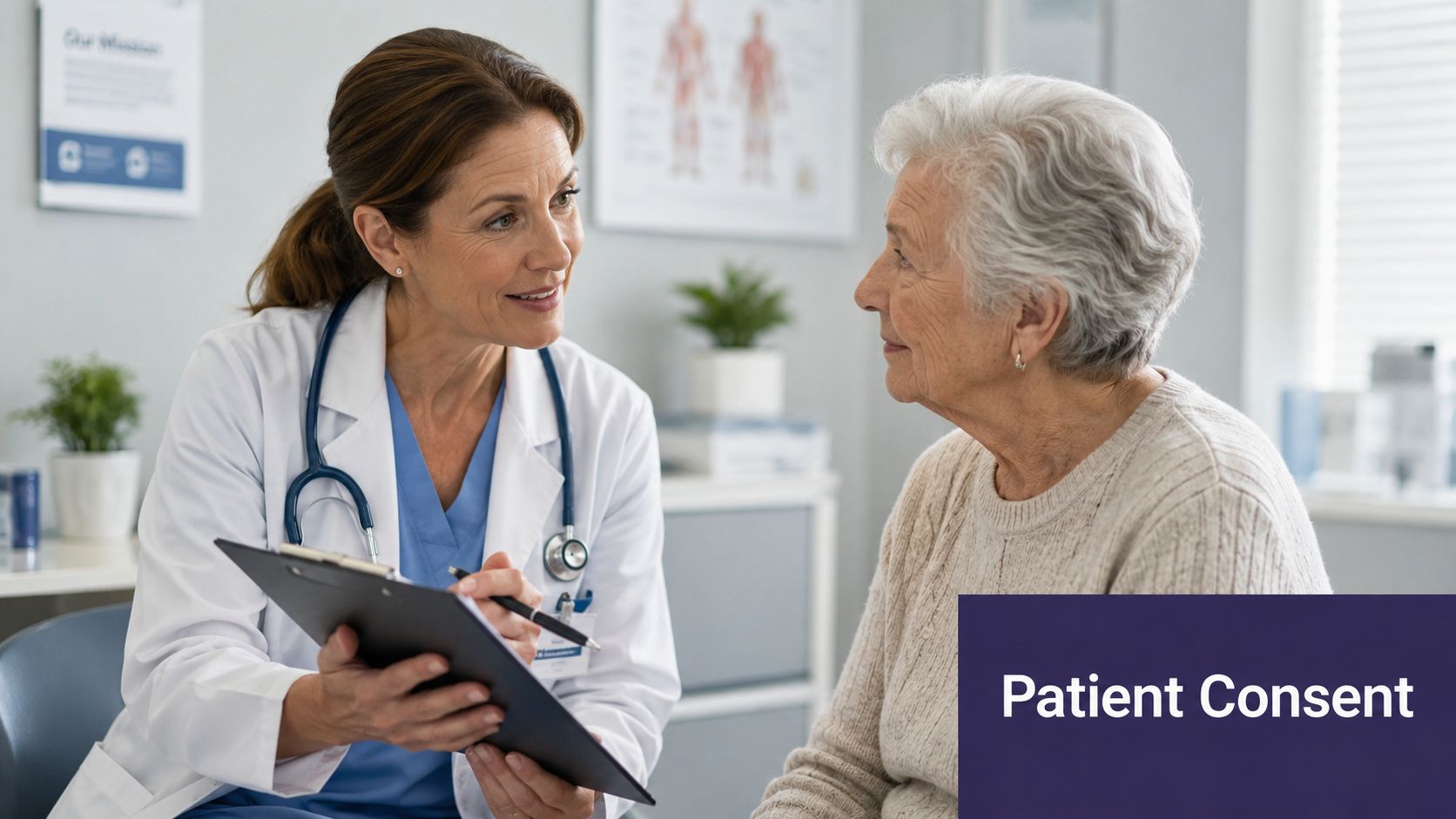 A female doctor with a stethoscope discussing medical forms with an elderly female patient in a clinic.