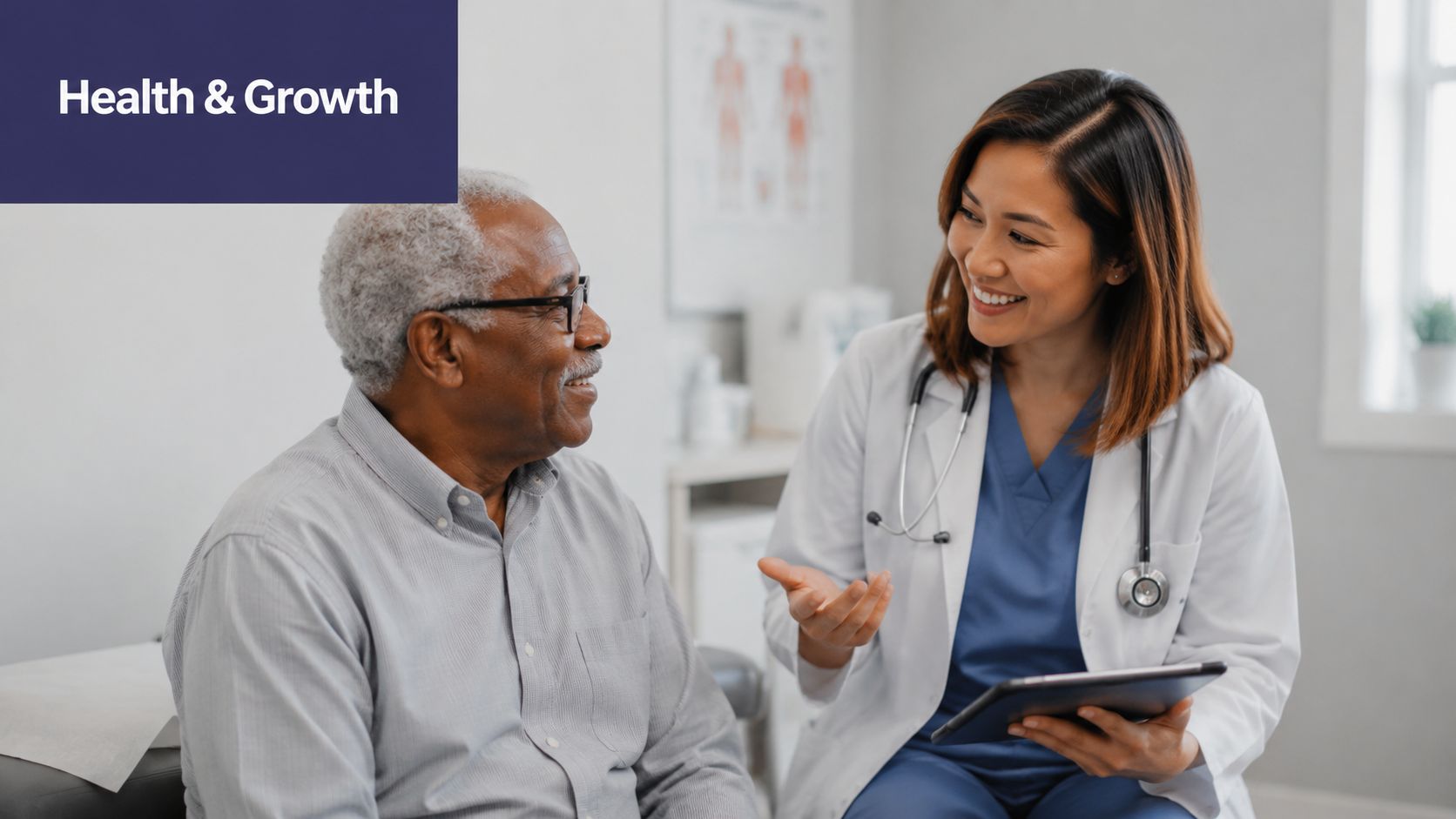 A female doctor with a stethoscope smiles while discussing medical information with a senior patient.