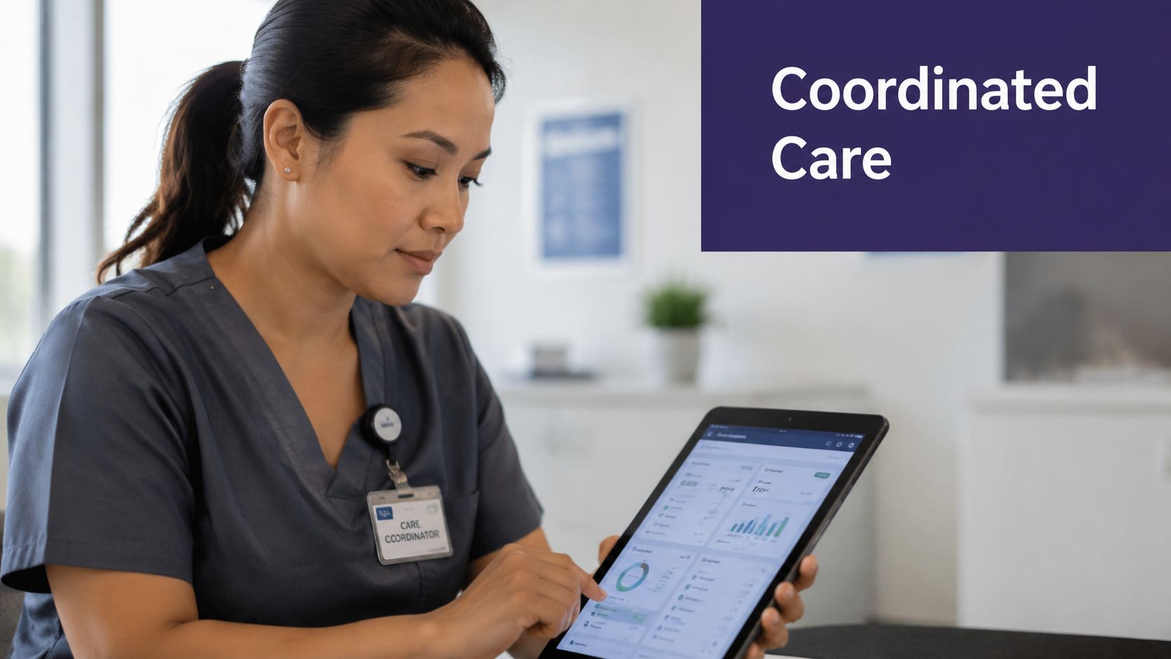 A professional care coordinator uses a digital tablet to review health data in a modern office setting.