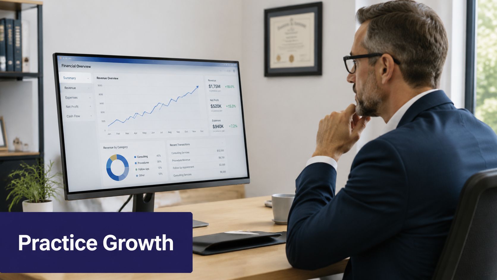 A professional man in a suit reviews financial growth charts on a computer screen at a desk.
