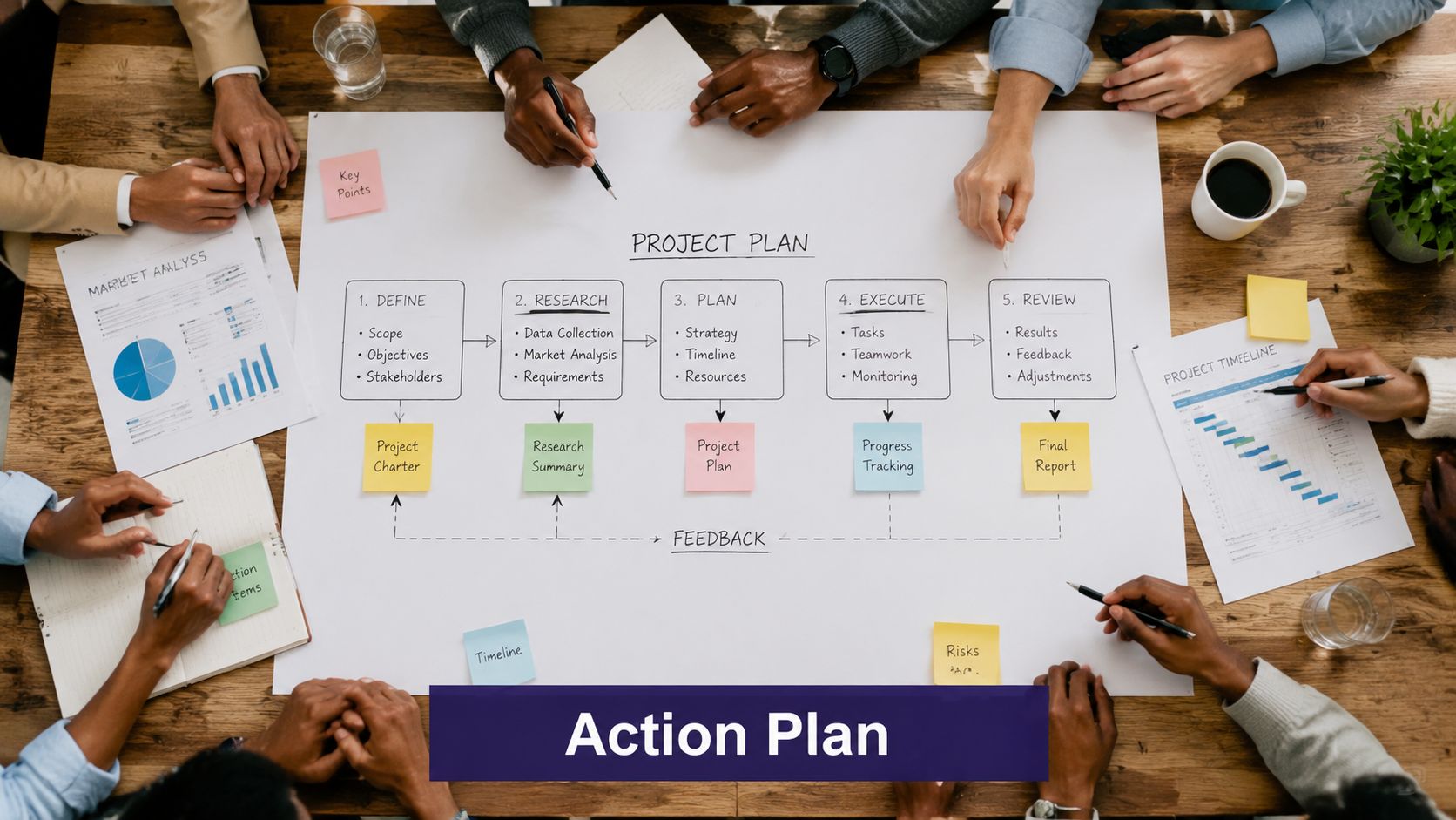 A diverse team collaboratively discussing a project plan flowchart on a large sheet of paper.