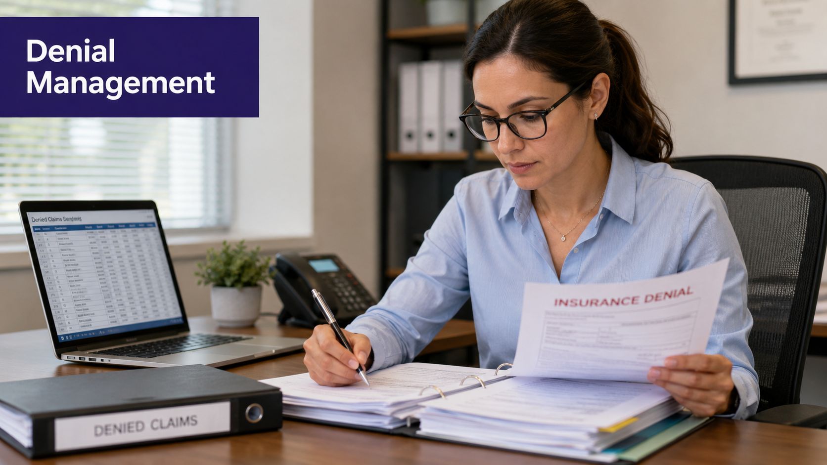 A professional woman in an office reviewing insurance denial documents while working at her laptop.