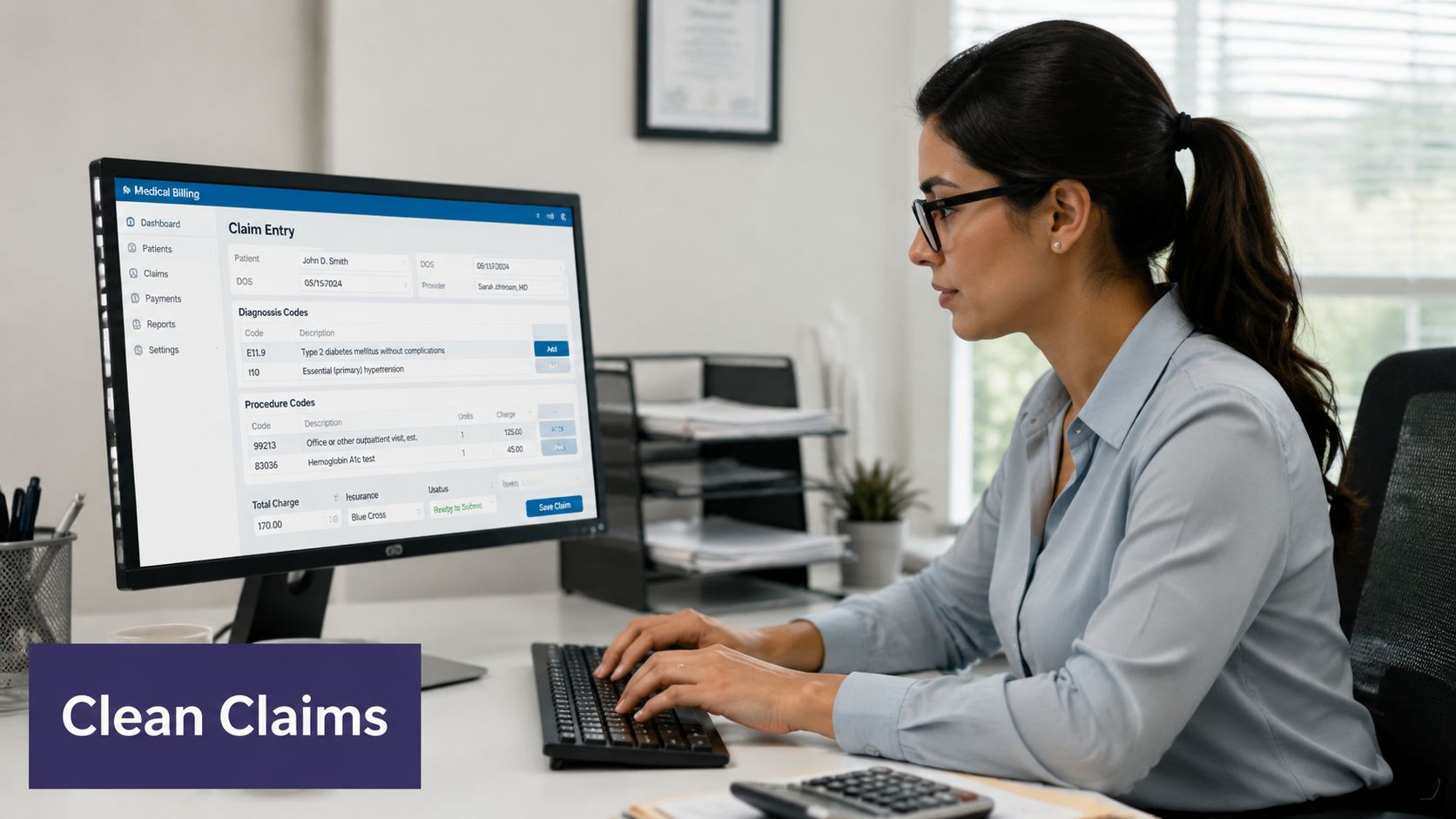A professional woman working on medical billing software on a computer at her office desk.