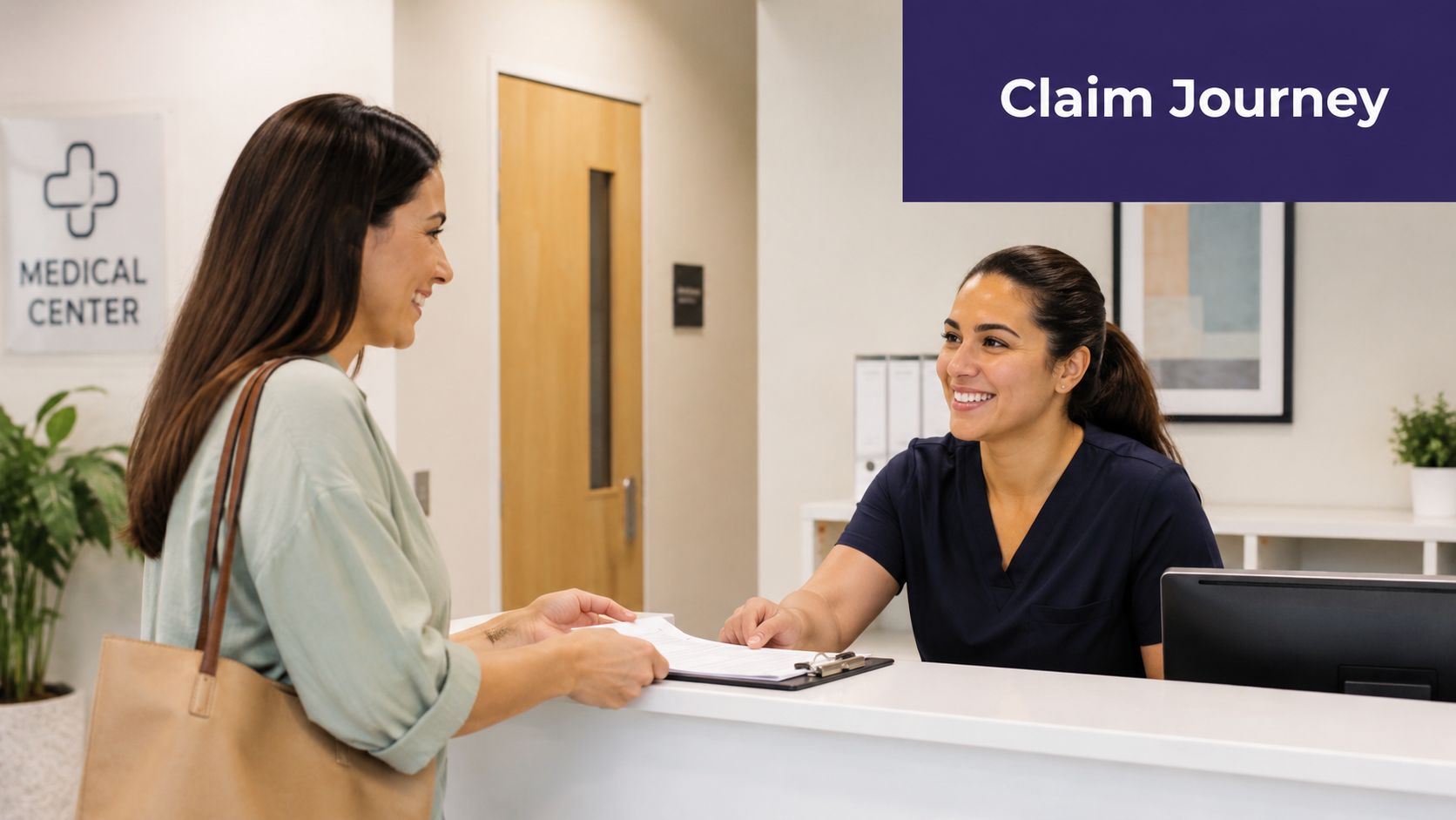 A patient handing medical forms to a receptionist at the front desk of a modern medical center.