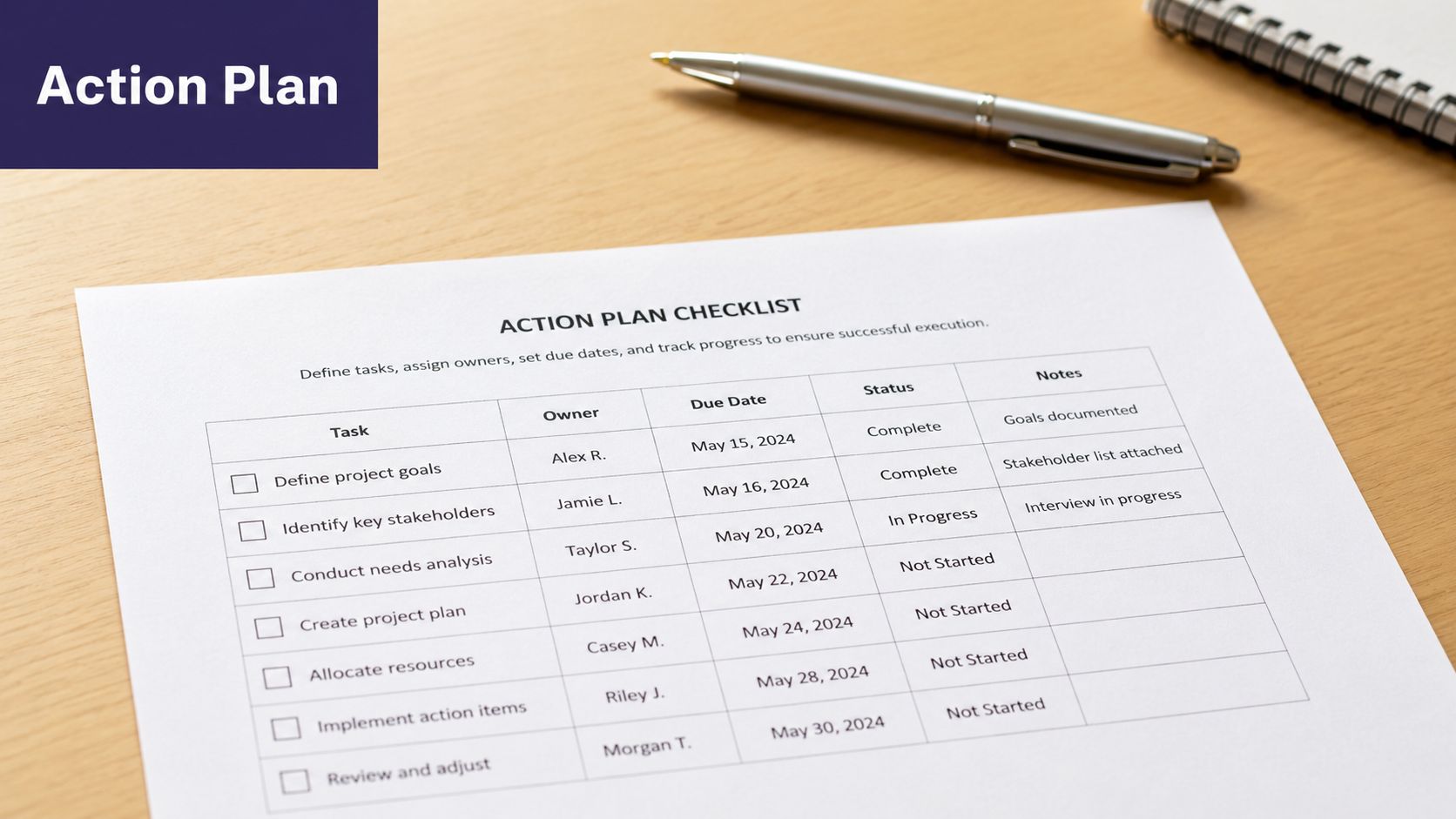 An action plan checklist document on a wooden desk with a pen and notebook nearby.