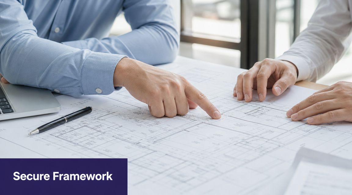 Two professional people discussing architectural plans and blueprints for a project on a white table.