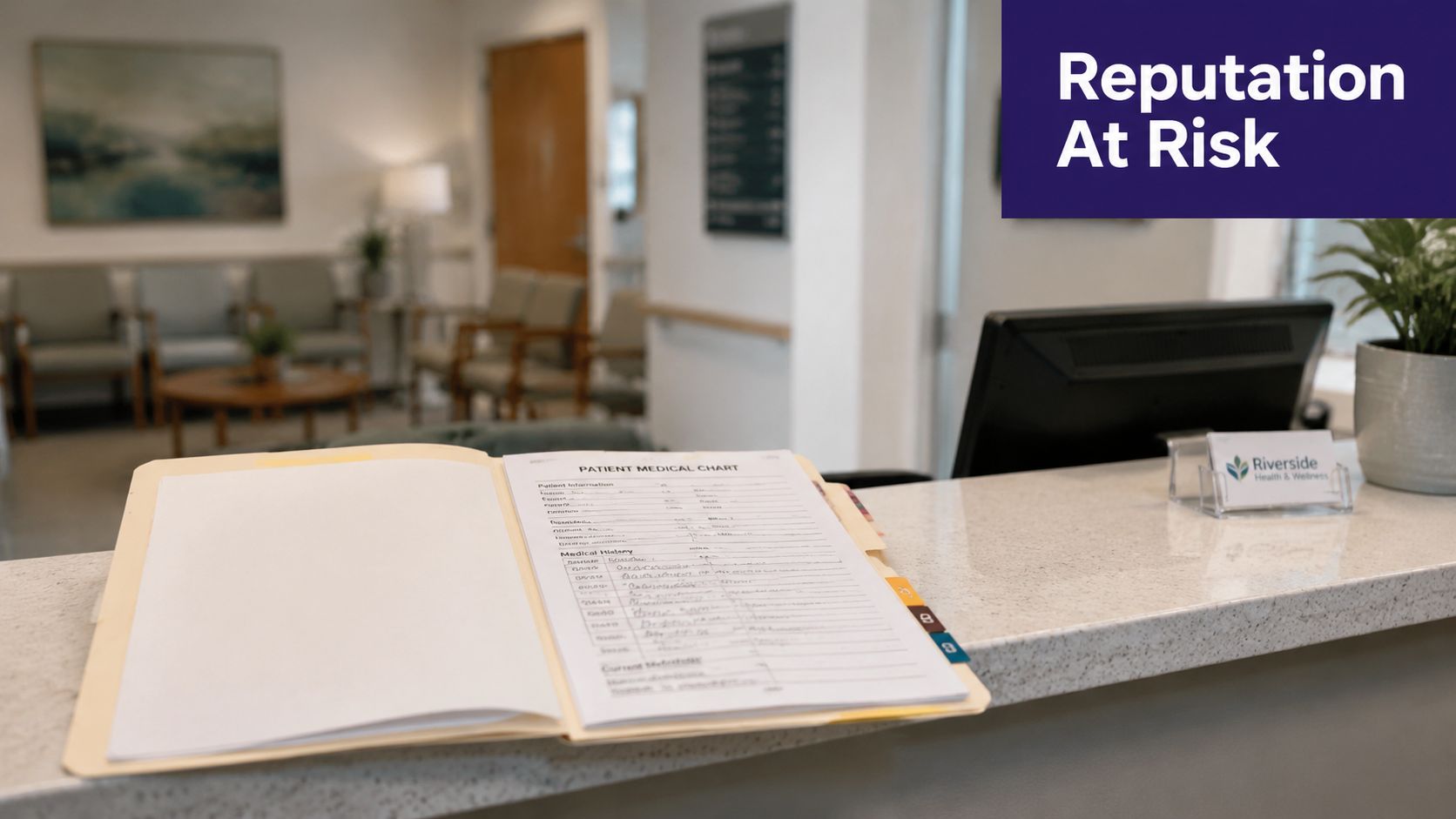 A patient medical chart left open on a public front desk, illustrating a breach in patient confidentiality.