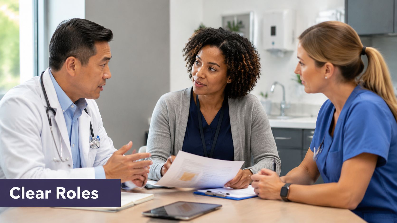 A doctor, nurse, and patient sitting at a table discussing documents during a clinical consultation.