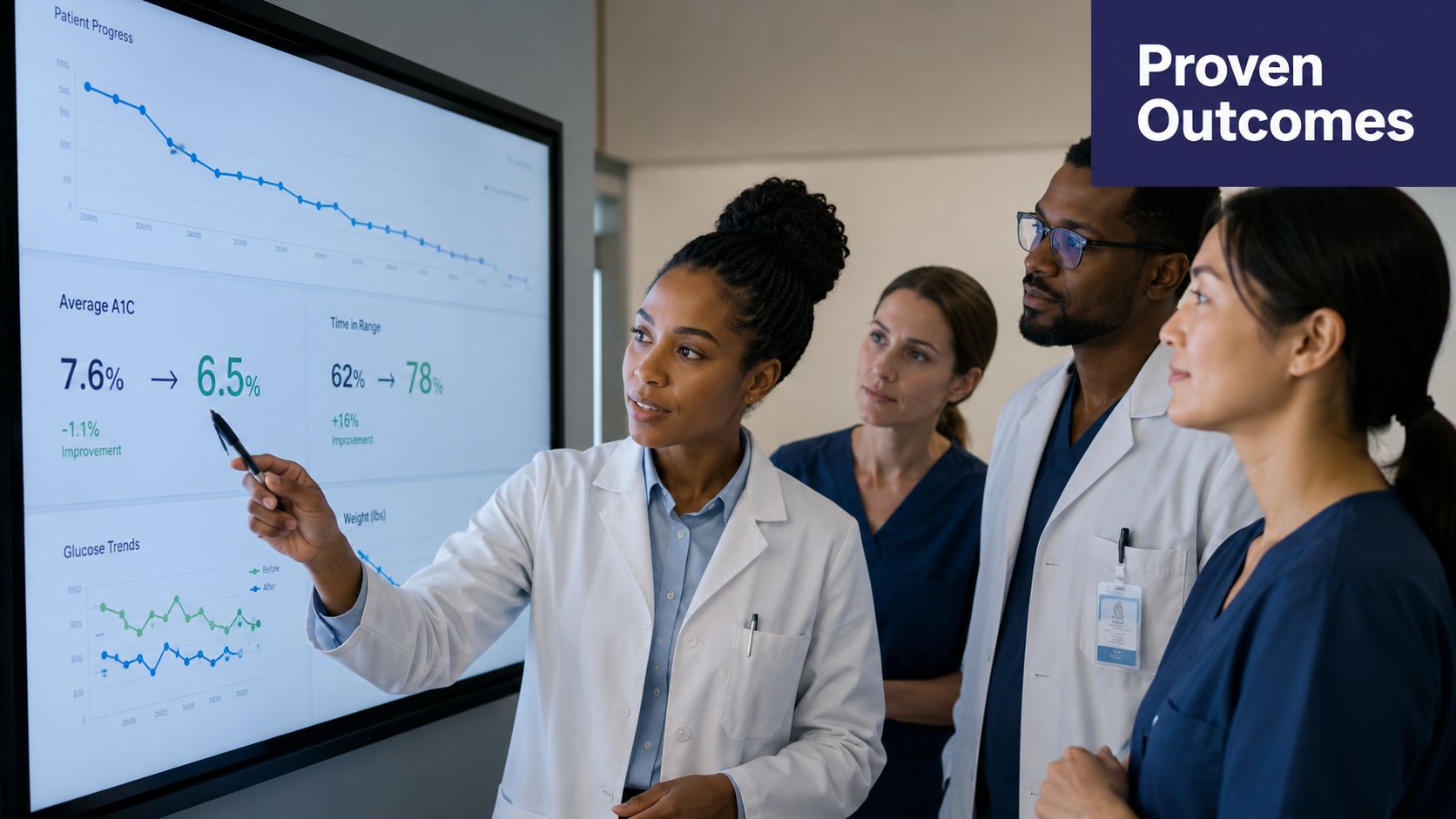 A diverse medical team reviews patient diabetes progress charts on a digital display in a clinical setting.