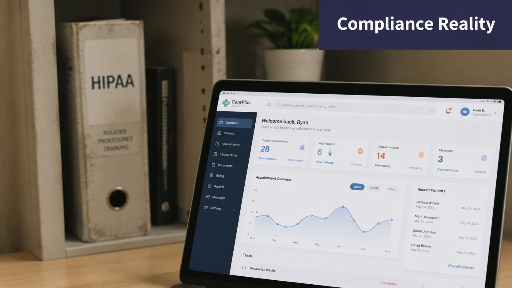 A digital dashboard for a medical practice displayed on a laptop screen next to a HIPAA binder.