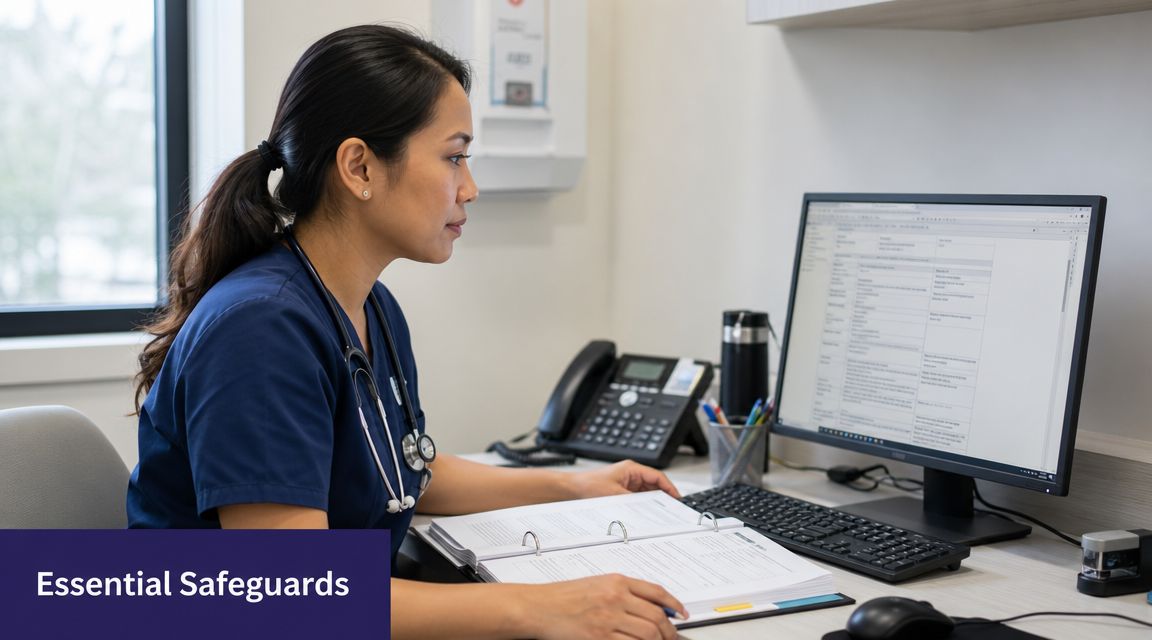 A female healthcare professional sitting at a desk reviewing documents and working on a computer.