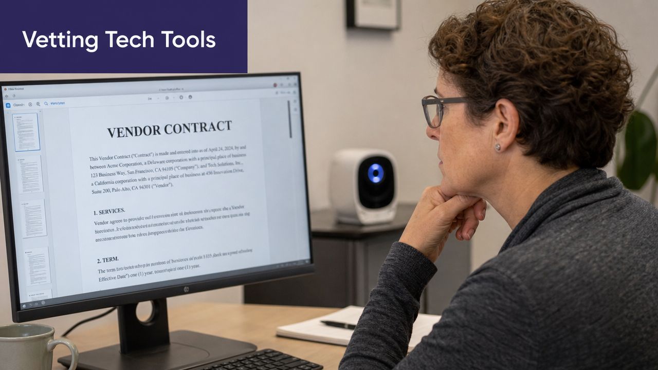 A professional woman reading a vendor contract document on her computer monitor in an office setting.