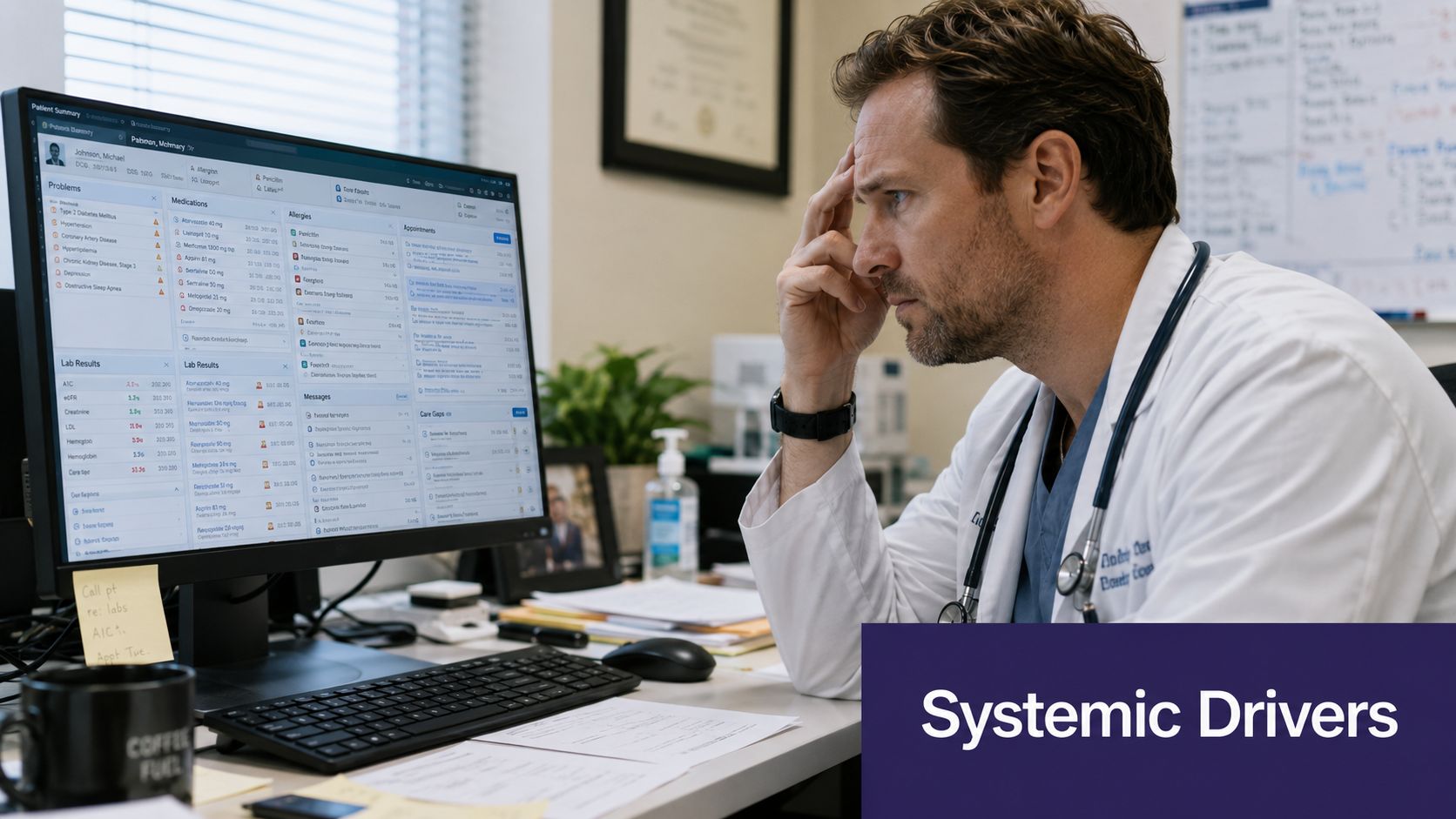 A concerned healthcare professional reviewing patient medical records on a computer monitor in an office setting.