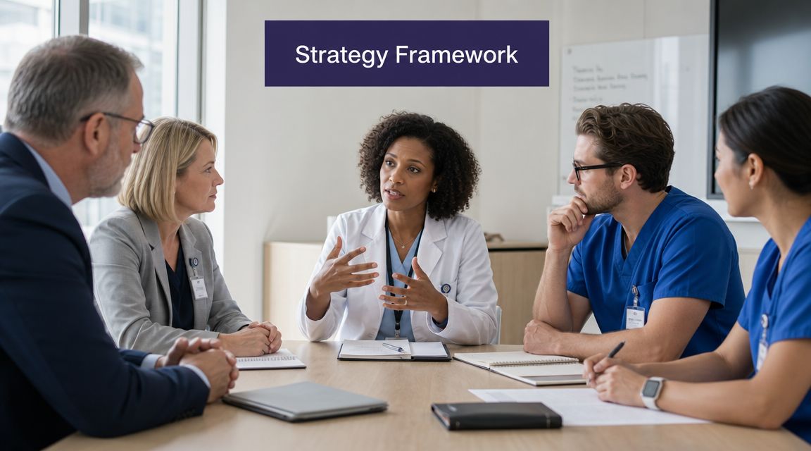 A diverse group of healthcare professionals and an administrator discussing strategy in a modern office meeting.