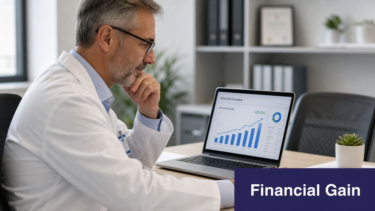 A professional doctor wearing a white coat examines financial growth charts on a laptop screen.