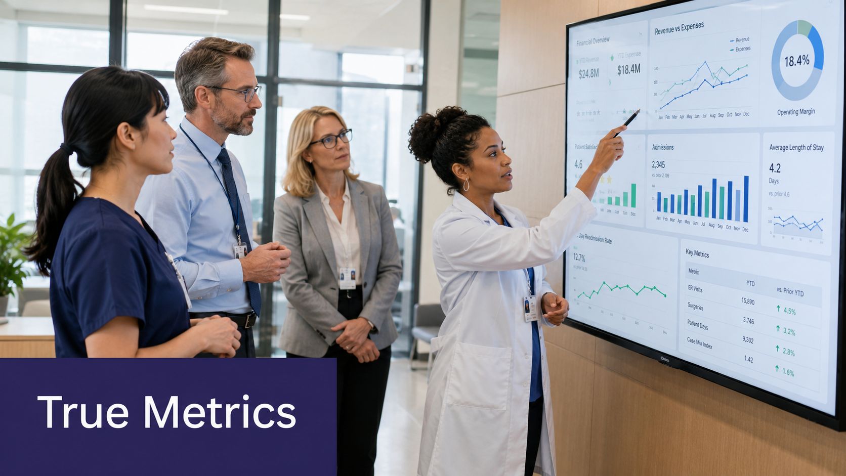 A diverse team of healthcare professionals reviewing hospital performance data on a large digital screen dashboard.