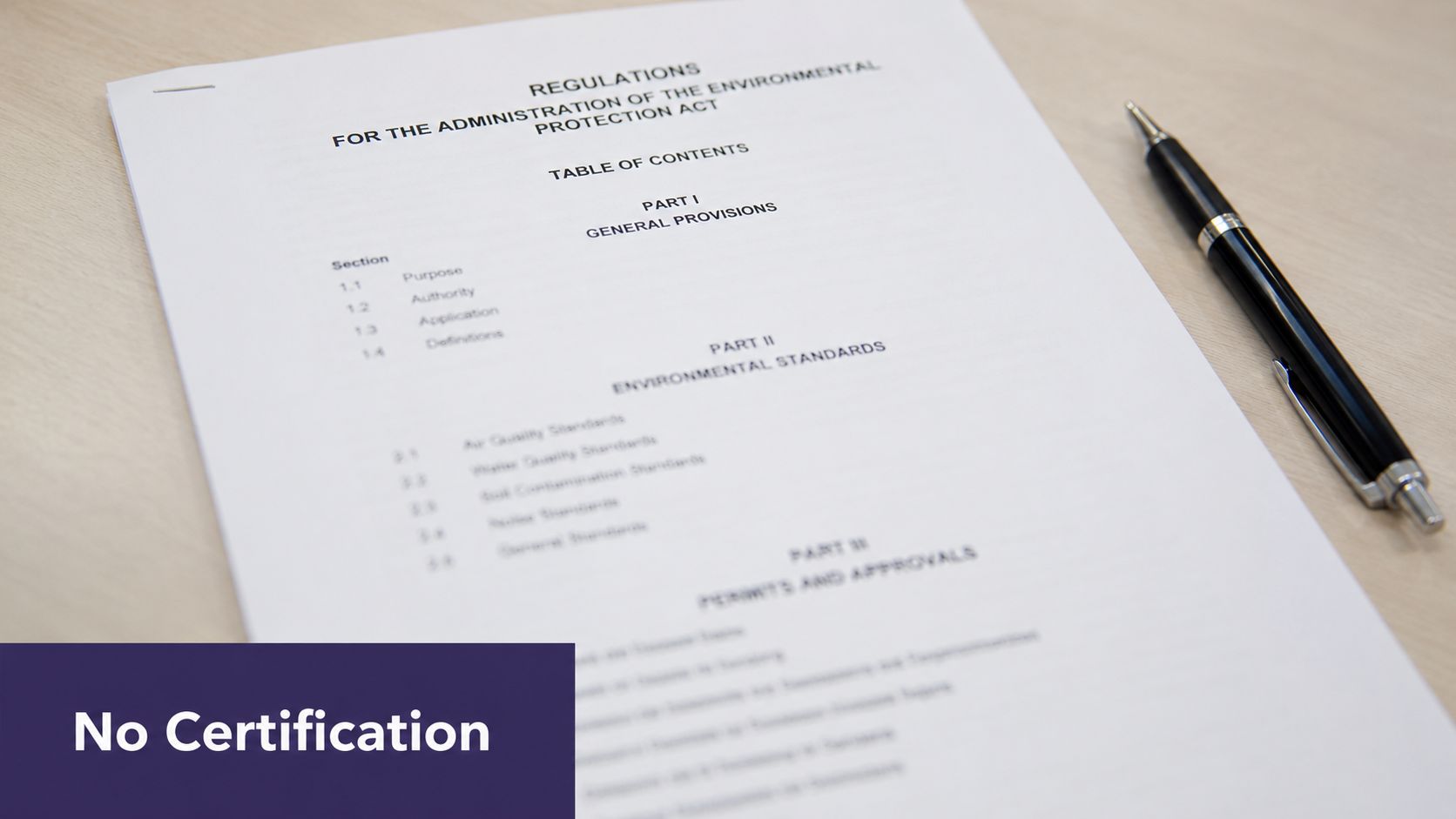 A document titled Regulations for the Administration of the Environmental Protection Act sits next to a black pen.