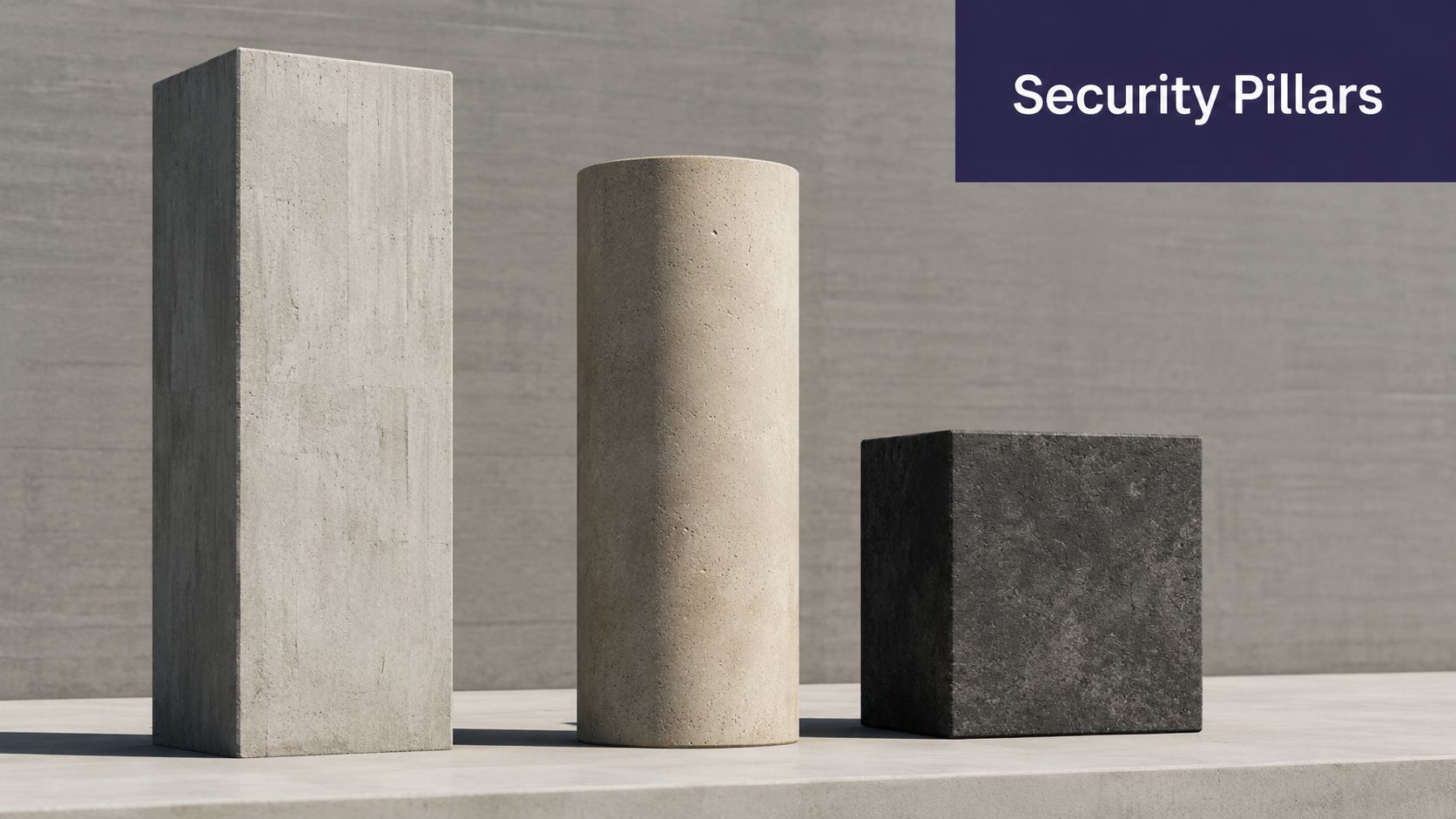A conceptual image featuring three architectural concrete pillars standing on a surface to represent security pillars.