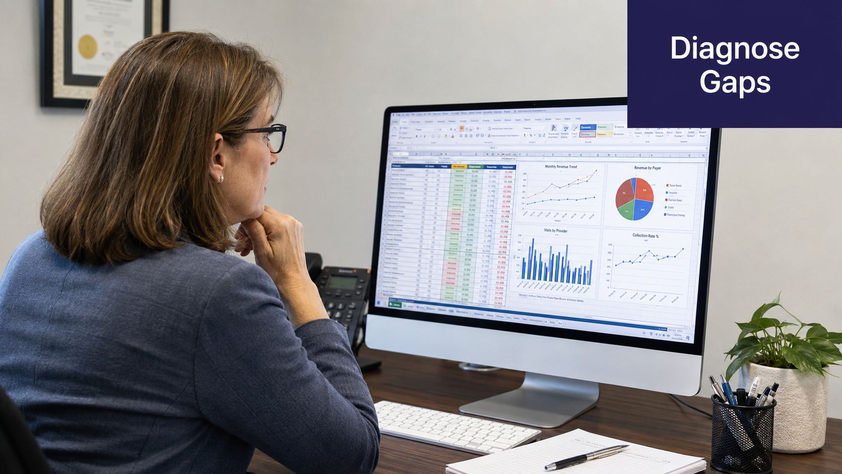 A professional woman viewing data analytics and business charts on a computer screen in an office.