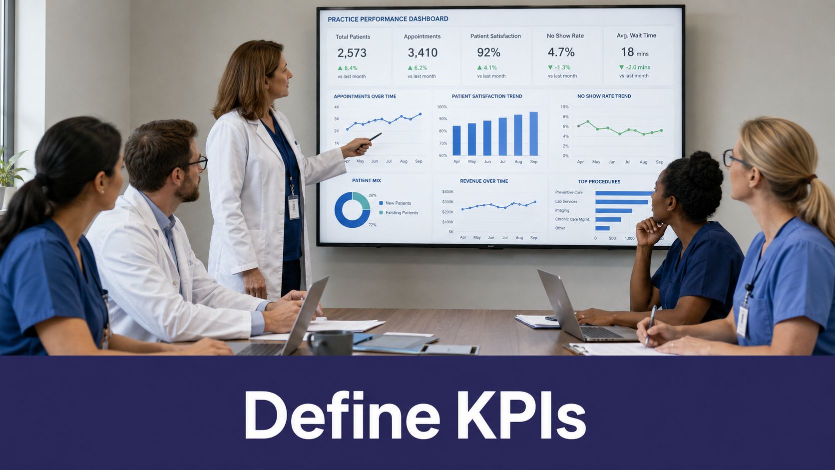 A team of medical professionals holding a meeting to review performance data displayed on a digital screen.