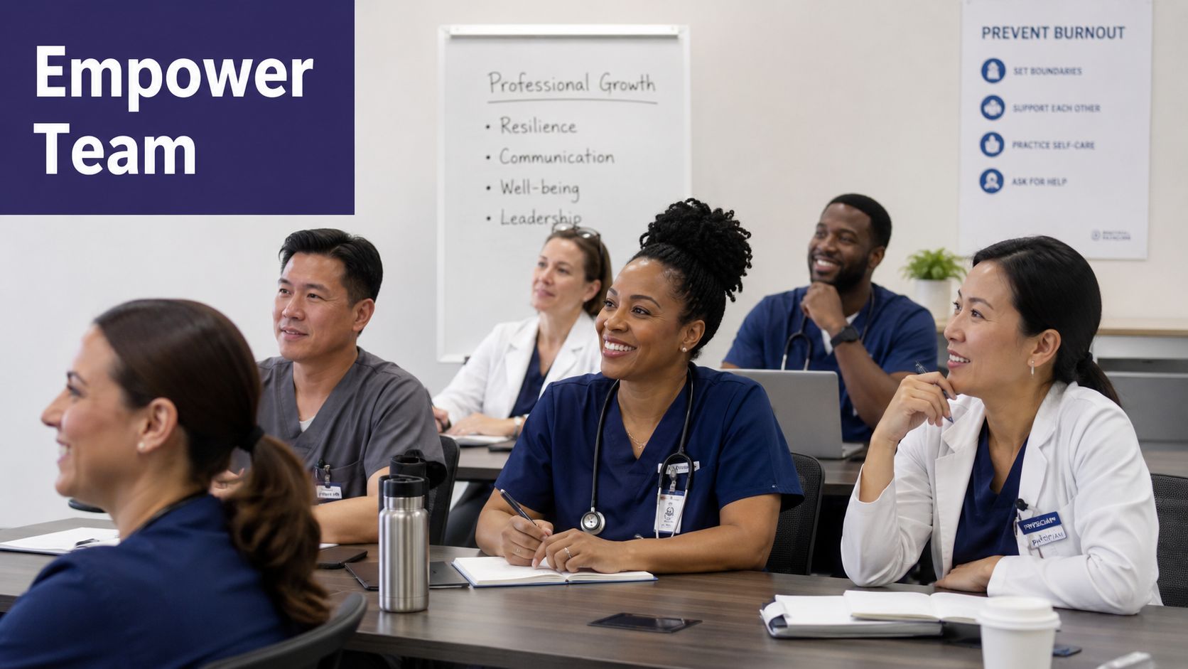 A diverse group of healthcare professionals attending a professional growth seminar together in a bright classroom.