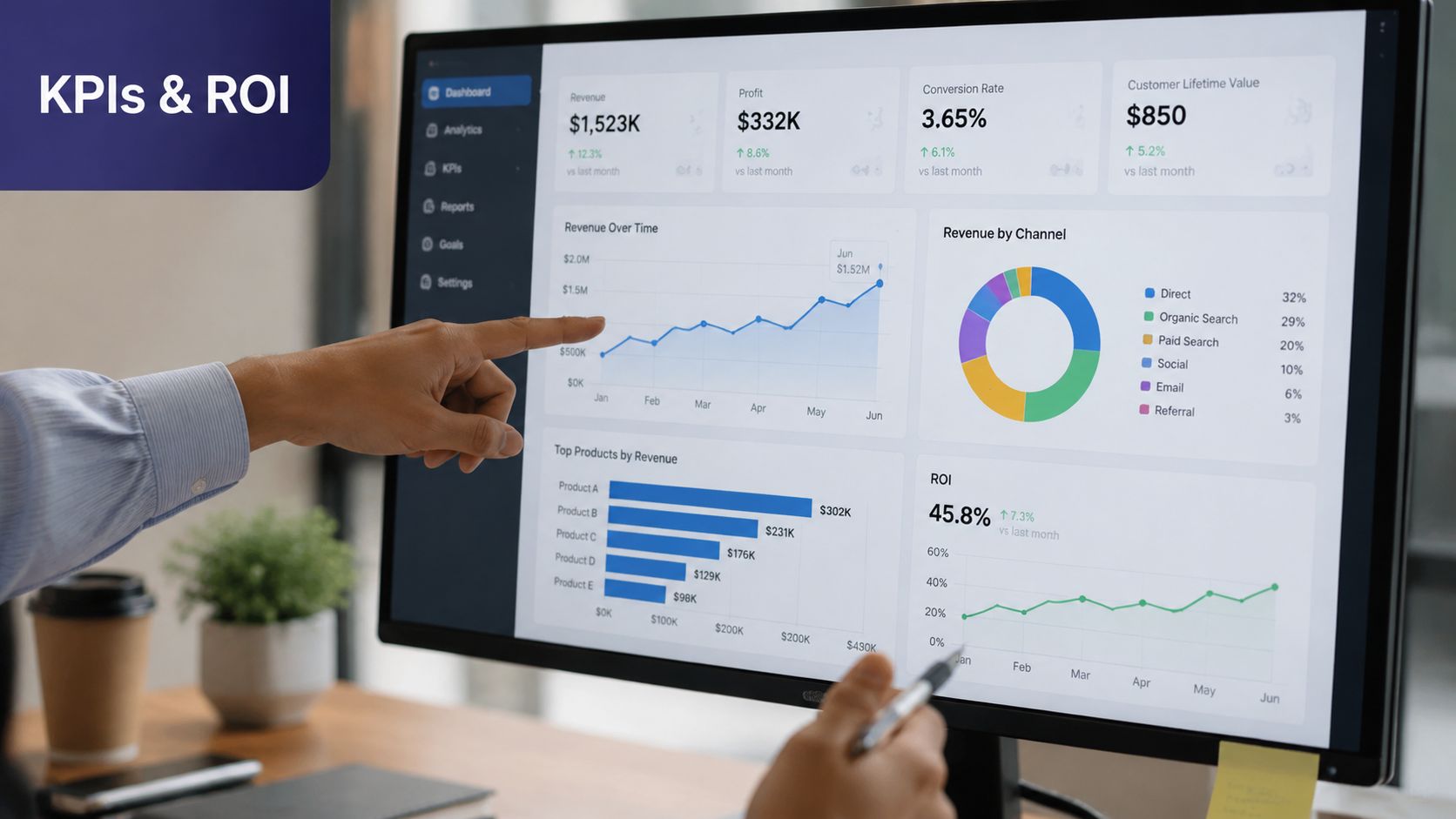 A professional analyzing a business analytics dashboard on a computer screen displaying KPIs and revenue data.