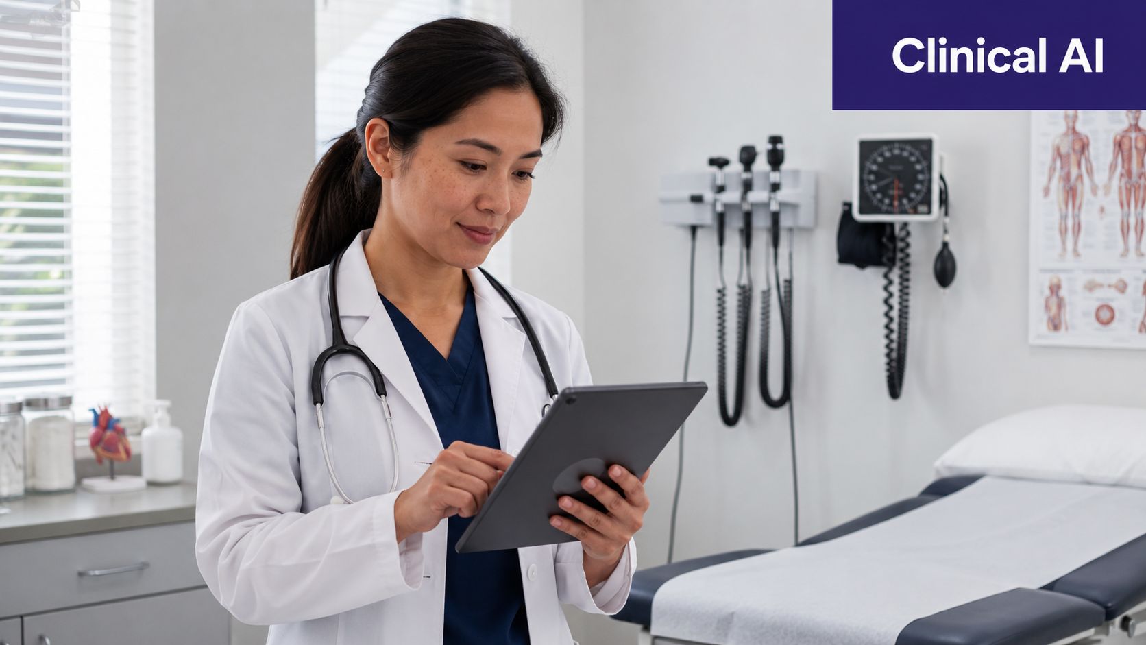 A professional female doctor wearing a lab coat and stethoscope, reviewing patient information on a digital tablet.