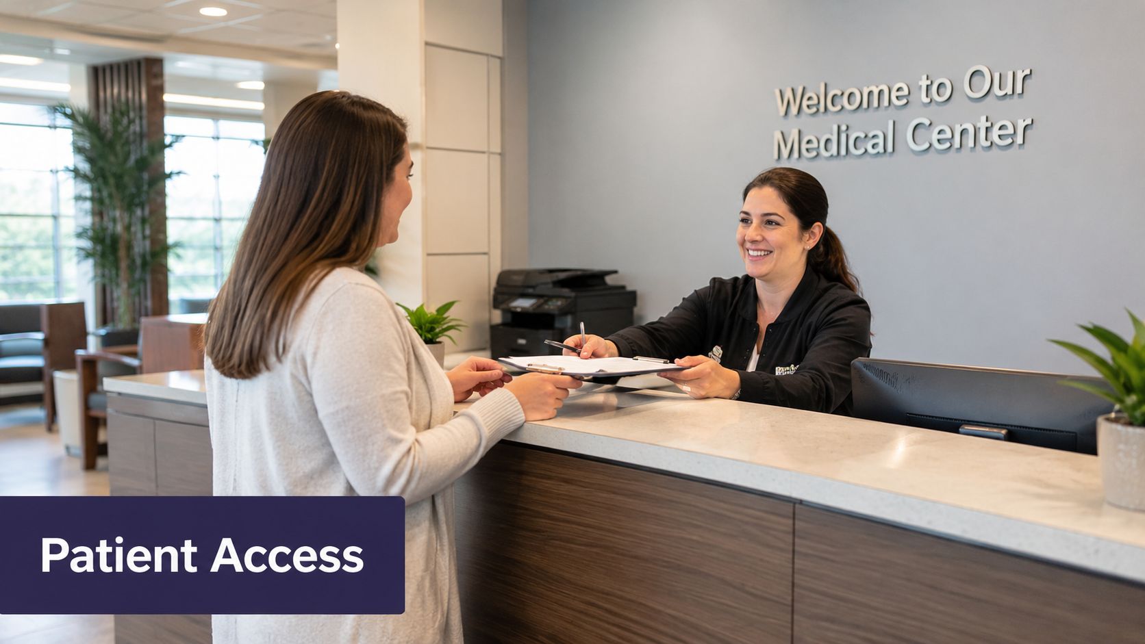 A friendly medical receptionist helps a patient at the front desk of a modern healthcare facility.
