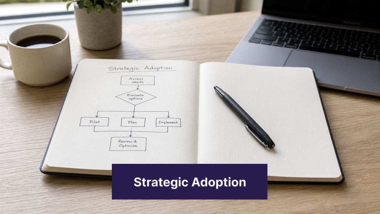 A notepad on a wooden desk showing a flowchart titled Strategic Adoption next to a laptop.