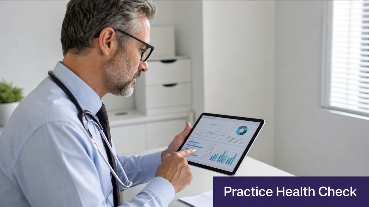 A professional doctor reviewing financial data and medical charts on a tablet in his office.