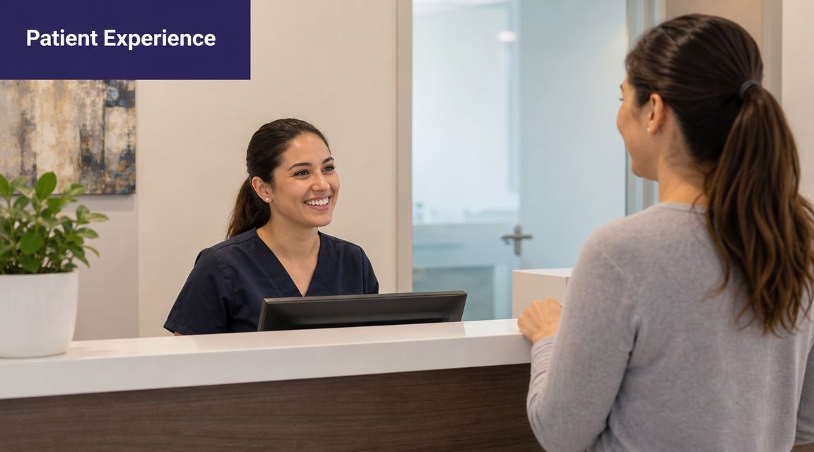 A smiling medical receptionist greeting a patient at the front desk of a modern clinical office.